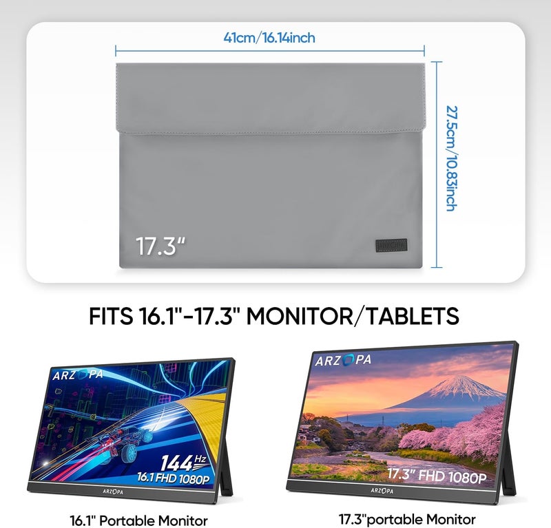 ARZOPA 17.3" Portable Monitor Sleeve Bag, PU Leather Laptop Case for Travel, Grey - Image 3